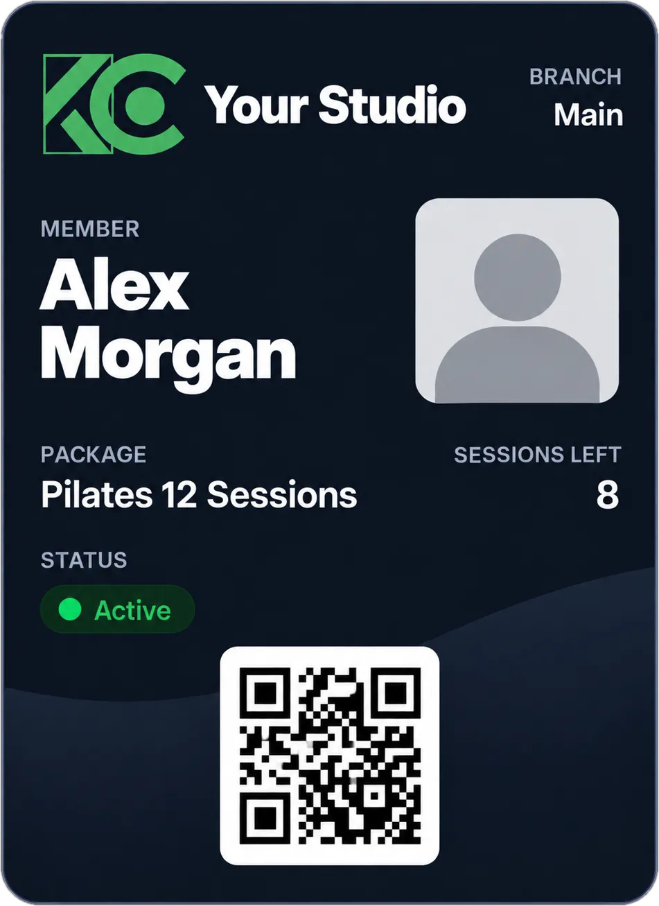 "Your Studio" membership card in Apple Wallet: member Alex Morgan, package, sessions left, status Active, and entry QR code