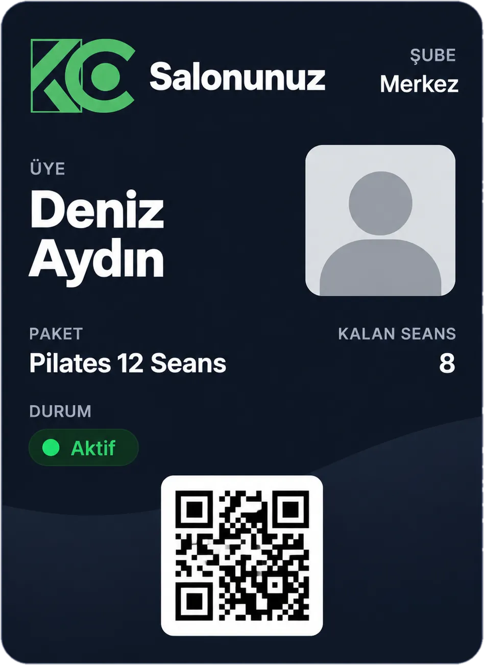 Apple Cüzdan üyelik kartı: üye, paket, kalan seans, durum ve giriş karekodu (QR kod)