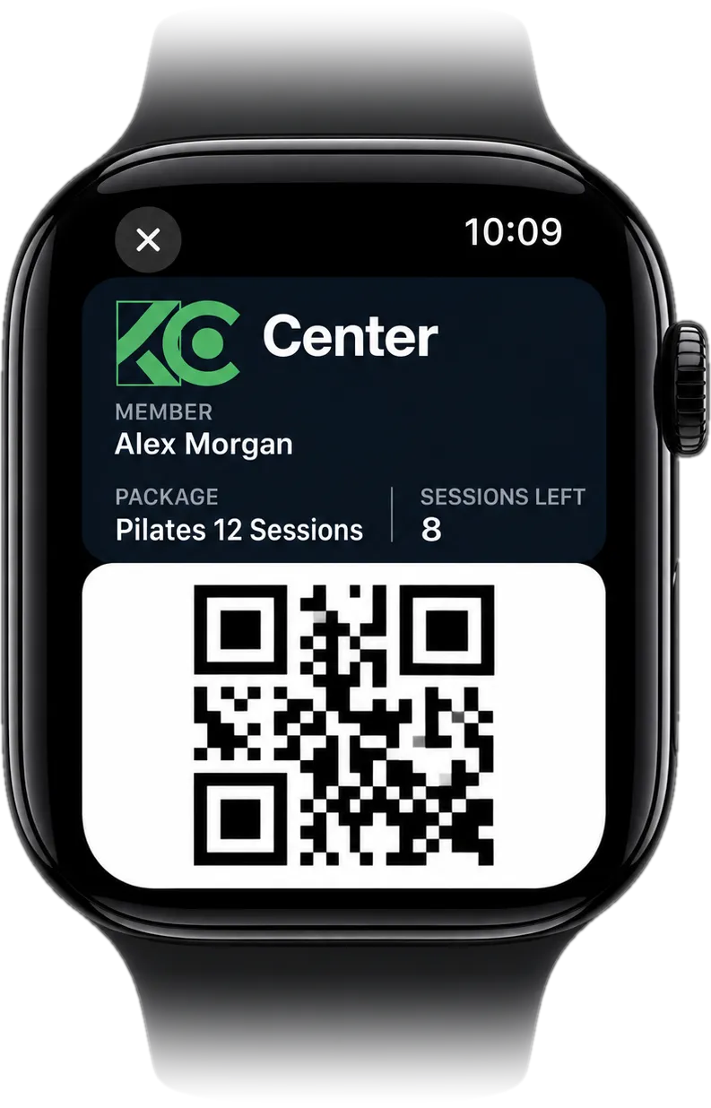 Membership card open on Apple Watch: member Alex Morgan, package, sessions left, and entry QR code