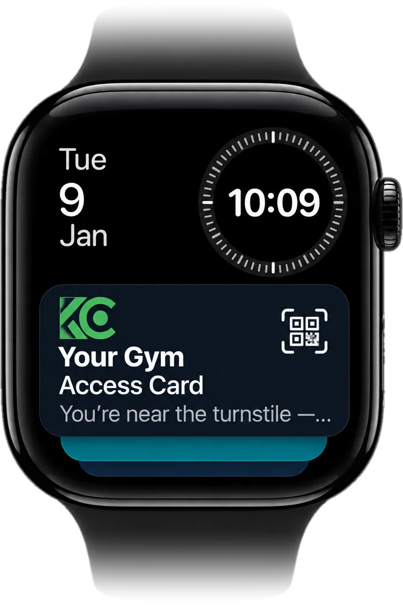 The same suggestion on Apple Watch: the "Your Gym" card, you're near the turnstile